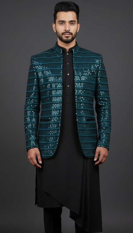 Premium Teal Sequin Indo-Western for Sangeet & Cocktail