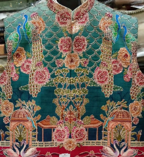Men Teal Green Ethnic Peacock & Floral Embroidered Nehru Jacket