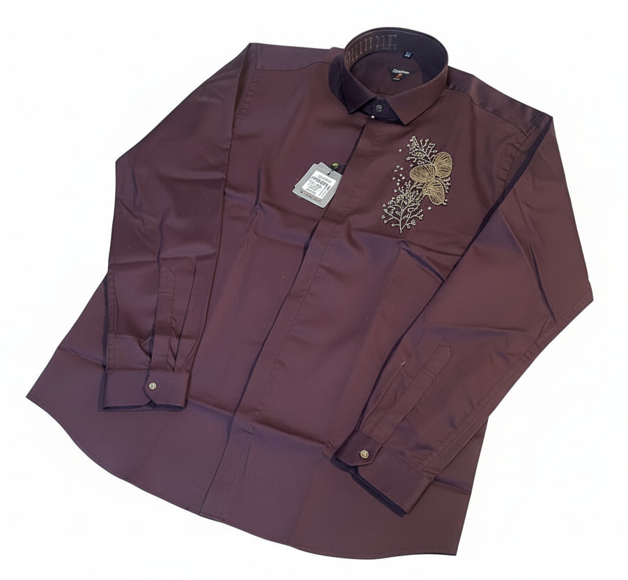 Men’s Premium Maroon Satin Party Wear Shirt with Gold Embroidered Floral