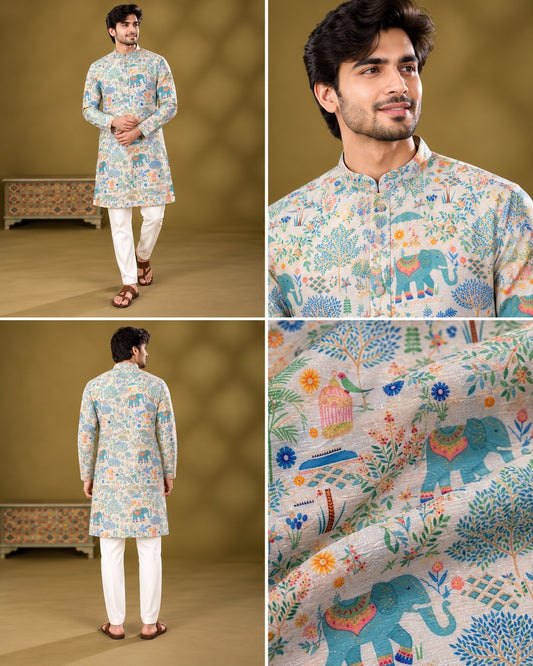 Ivory Elephant Garden Print Kurta Only