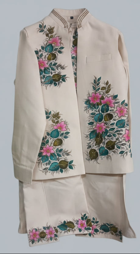 Beige Floral Embroidered Ethnic Jacket Kurta Set