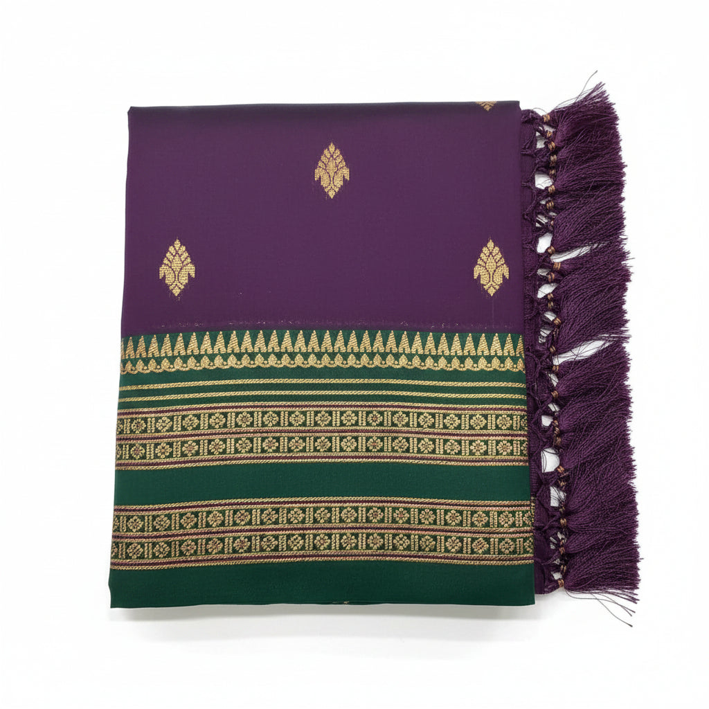 Royal Purple Silk Saree with Green Zari Border