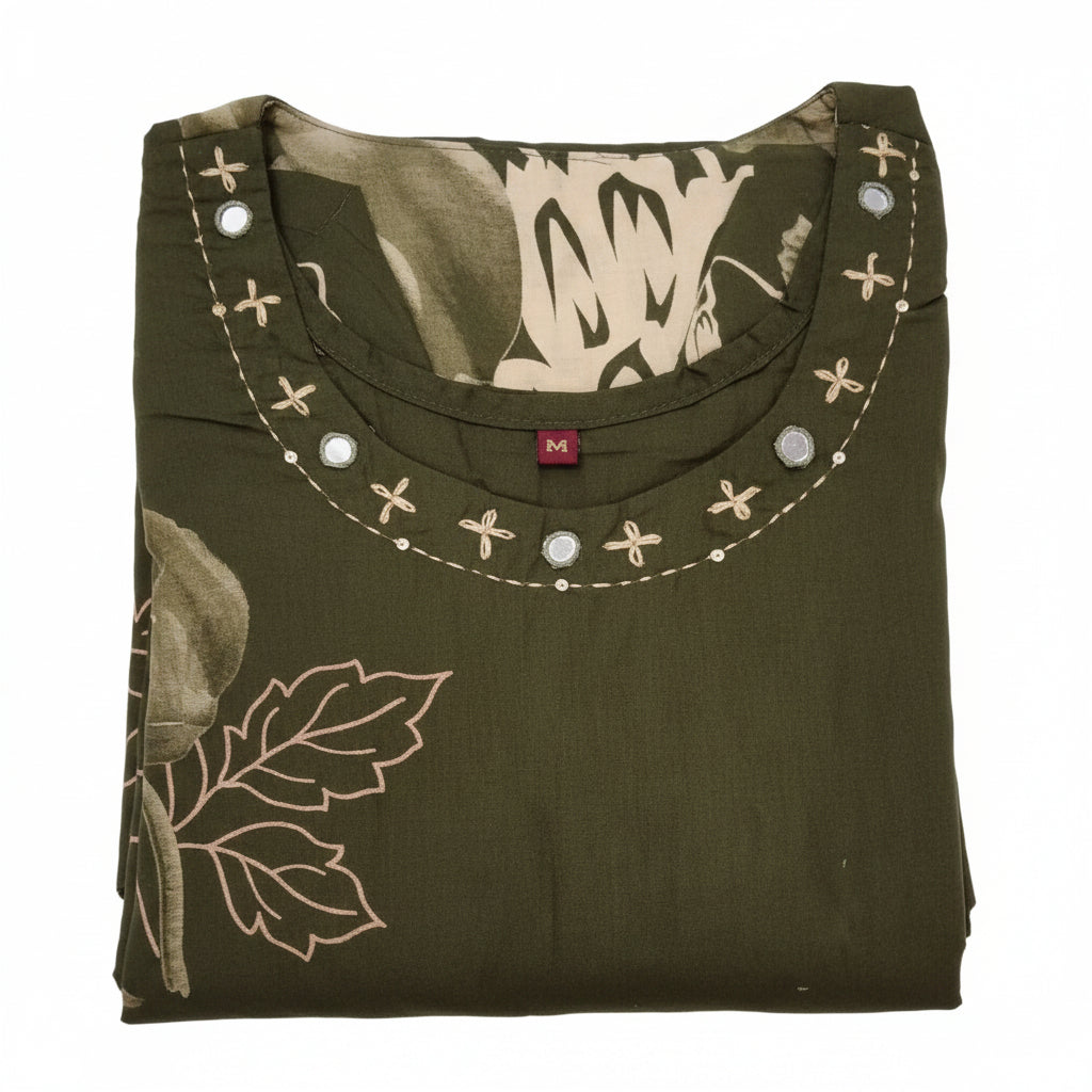 Olive Floral Printed Kurta Pant & Dupatta Set