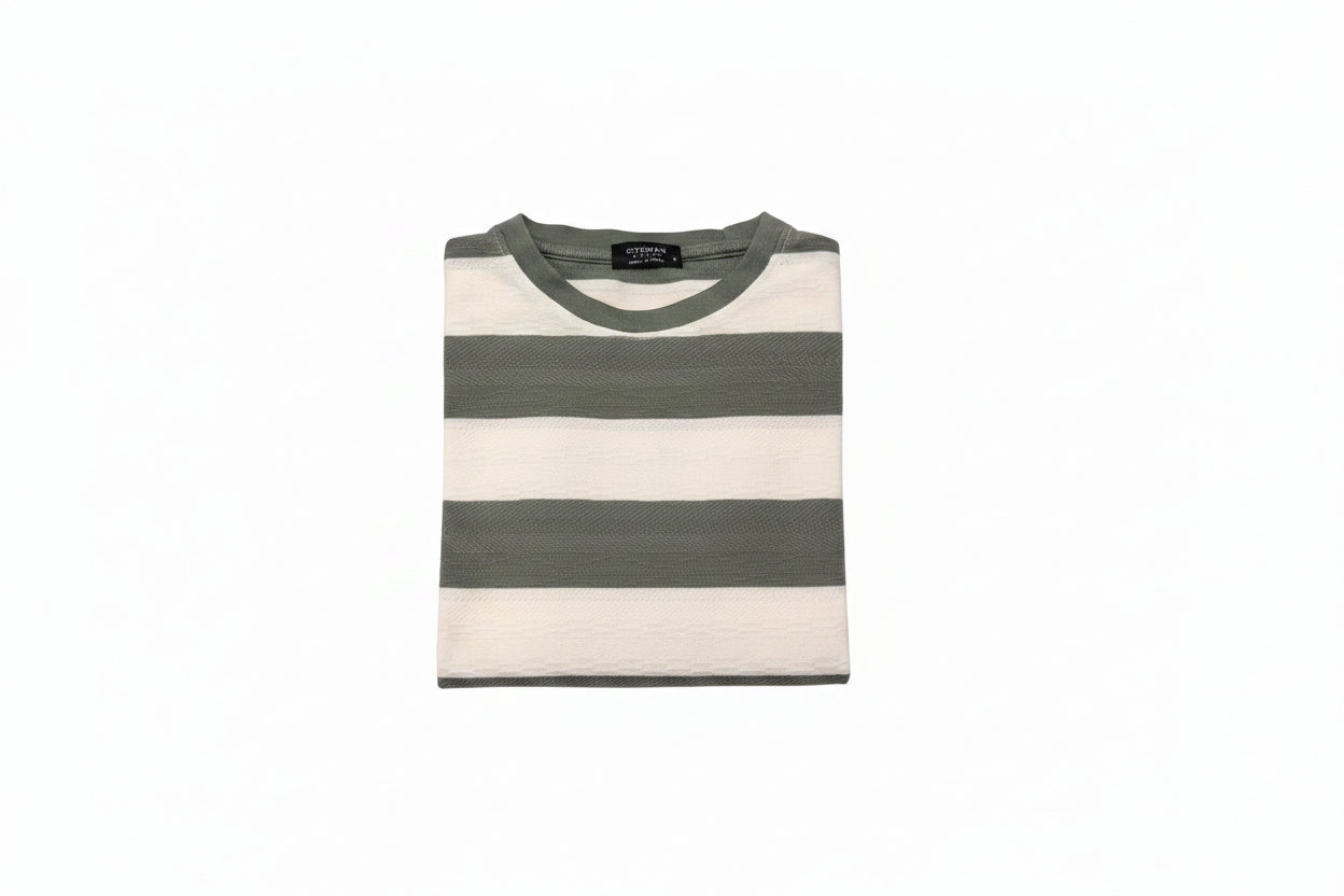 Men's Olive Green & Off-White Striped Round Neck T-Shirt