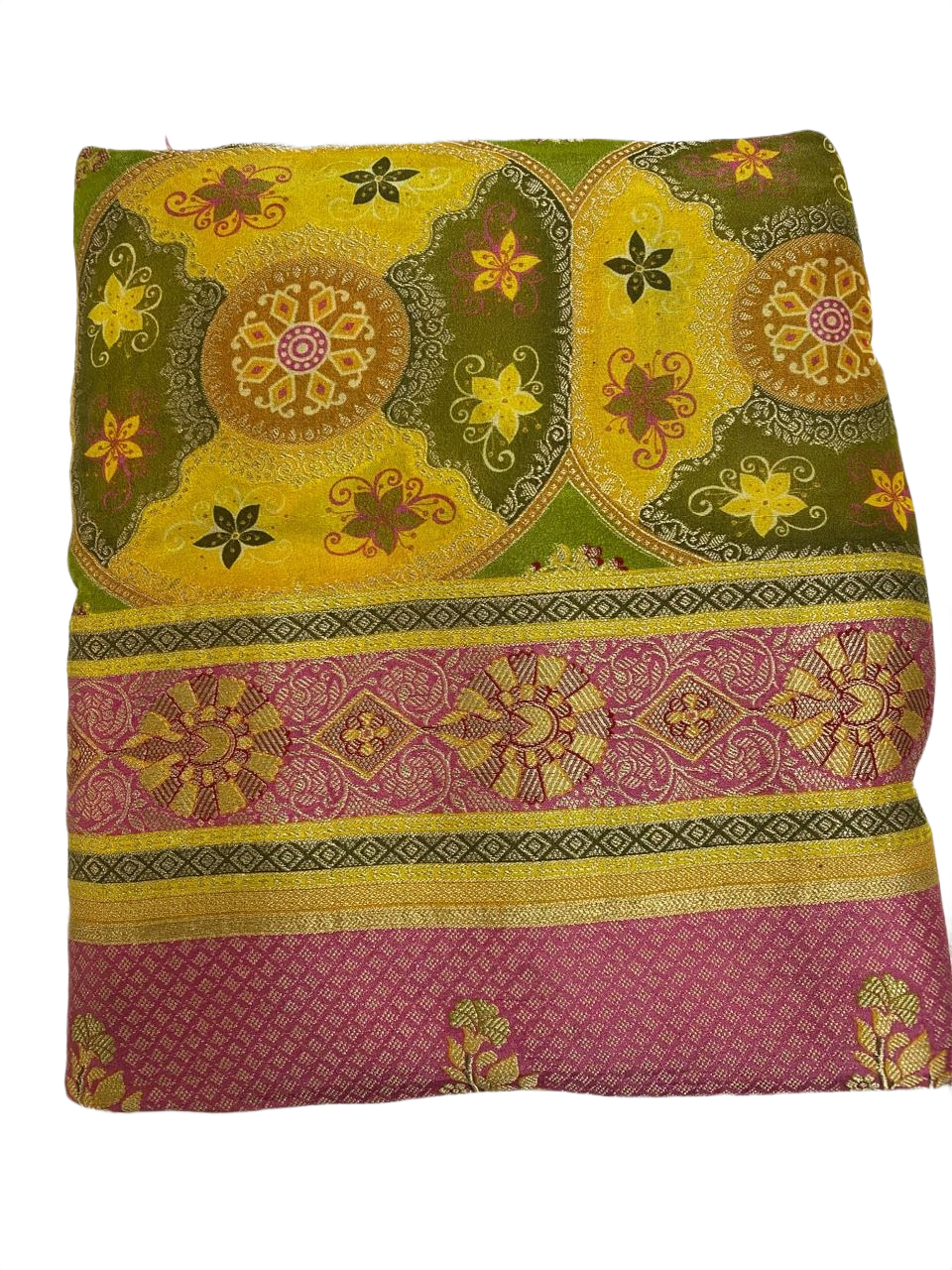 Mustard Yellow & Olive Printed Saree with Pink Woven Border