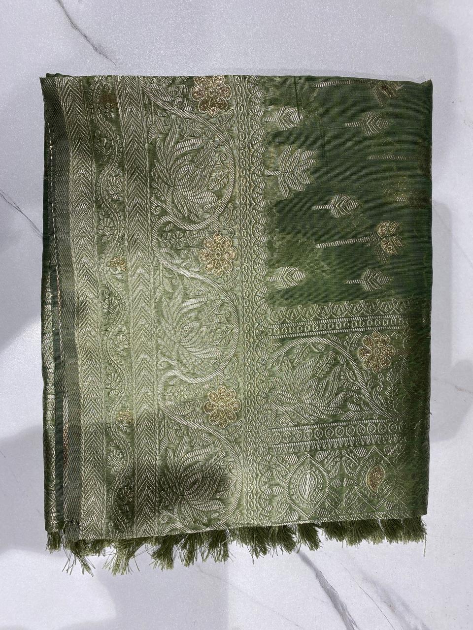 Sage Green Saree with Elegant Gold Zari Woven Border & Pallu