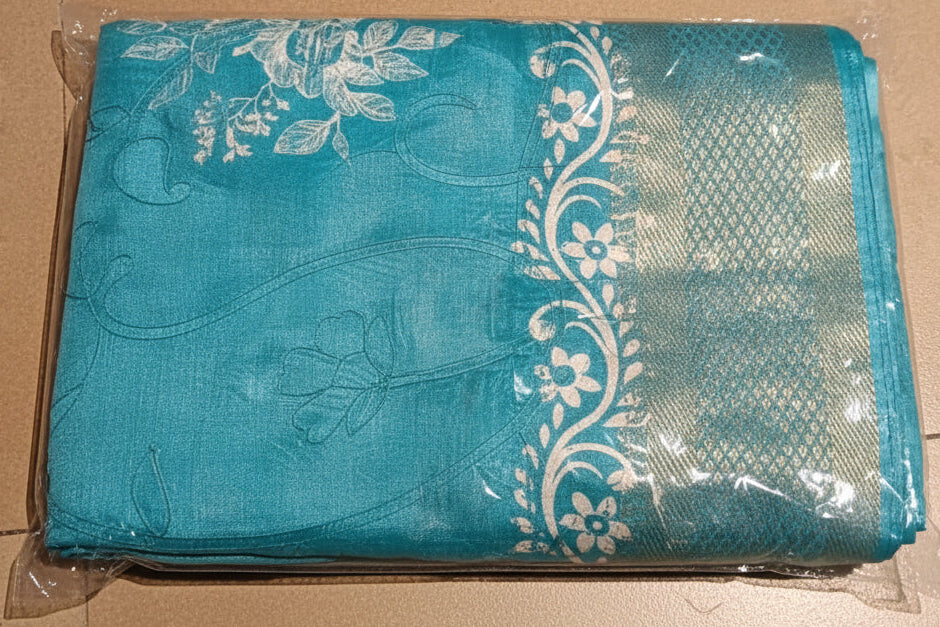 Elegant Turquoise Blue Soft Silk Saree with Silver Floral Weaving & Rich Zari Border