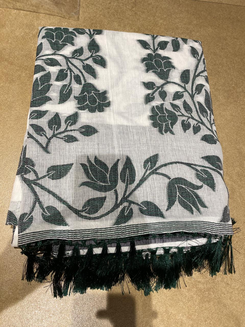 Title: Ivory White Botanical Print Saree