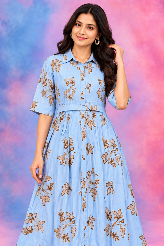 Sky Blue Floral Printed Shirt Dress