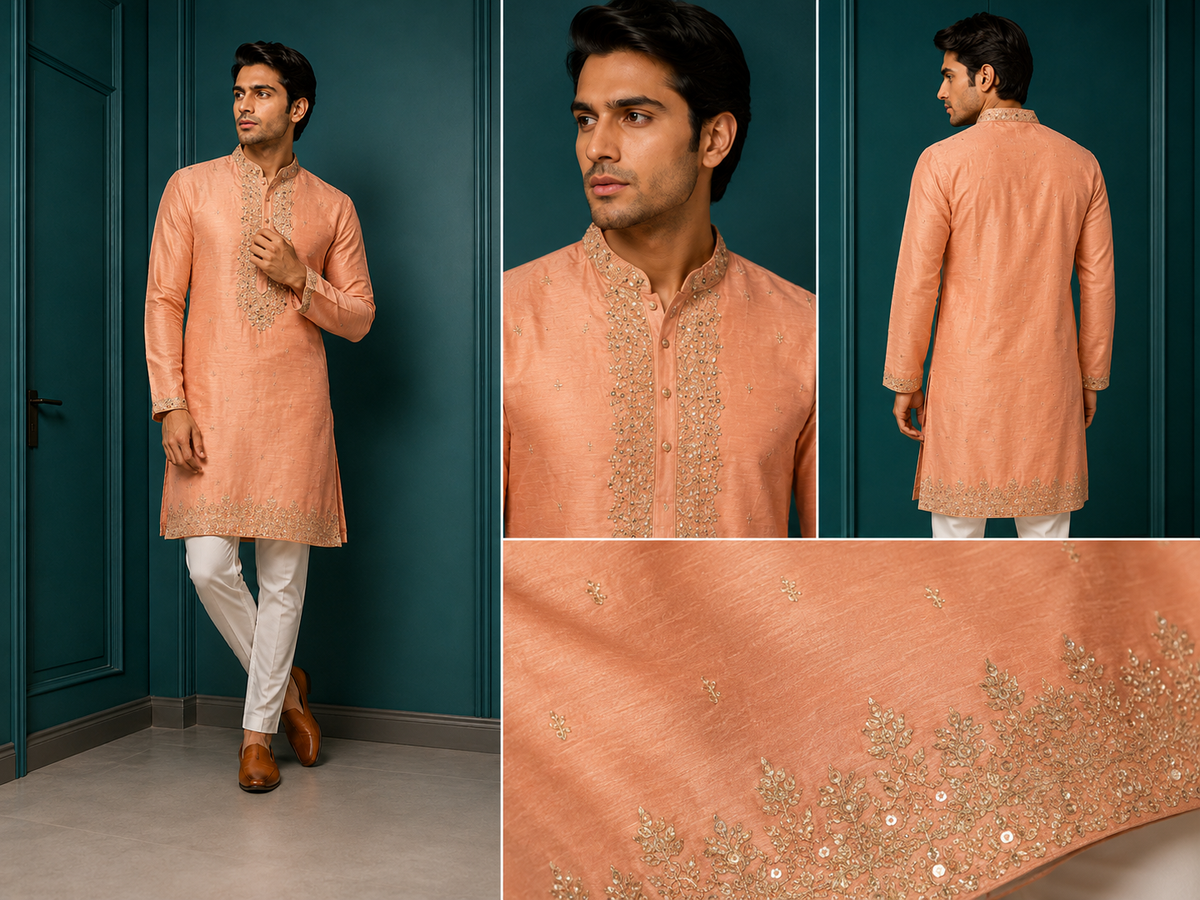 Peach Embroidered Silk Kurta Set with Mirror Work for Men