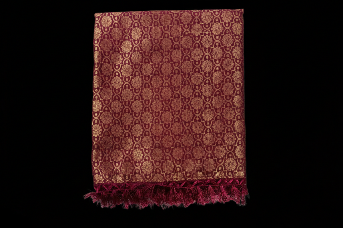 Wine Checked Silk Saree with Traditional Gold Zari Border