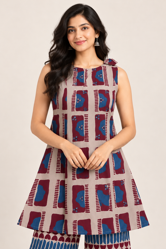 Women's Beige Maroon & Blue Printed Sleeveless Kurti Palazzo Set