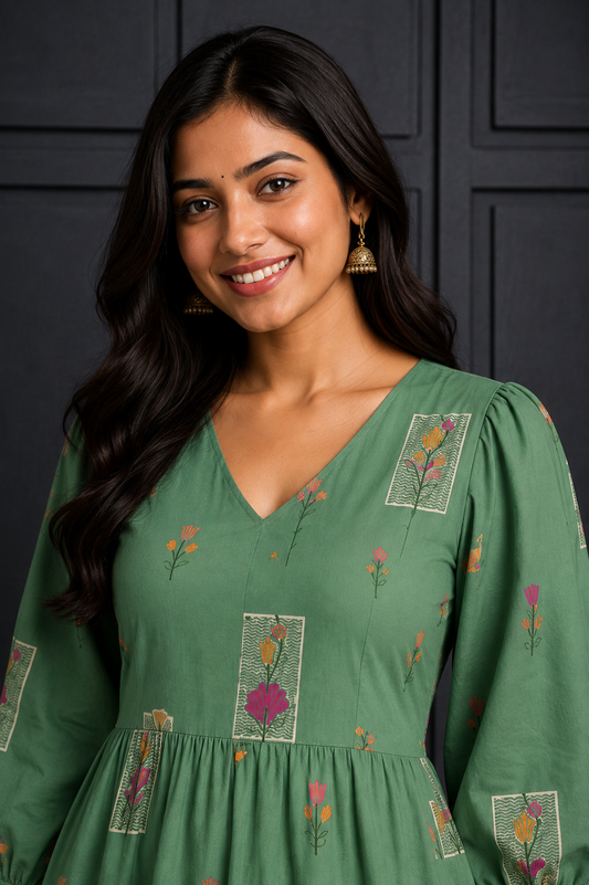 Sage Green Floral Printed Tiered Midi Dress