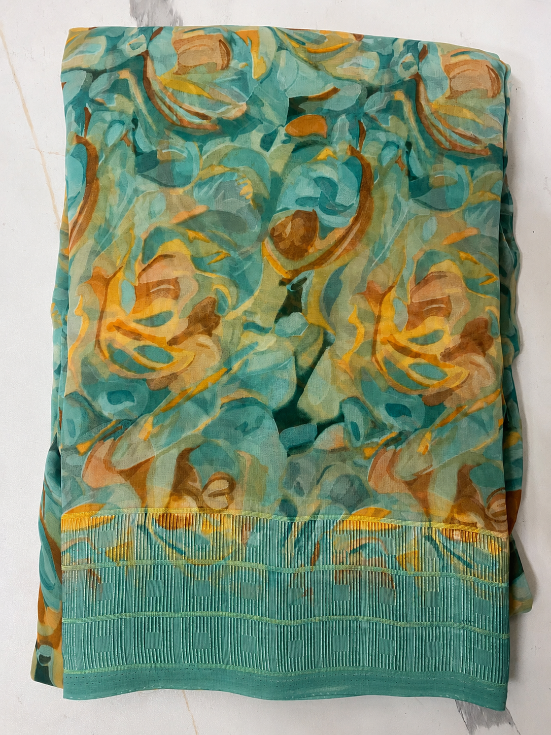 Women's Sea Green Floral Printed Saree with Elegant Woven Border | Lightweight Festive & Party Wear