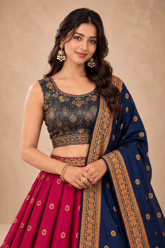Elegant Rani Pink & Navy Blue Designer Lehenga Choli with Golden Embroidery