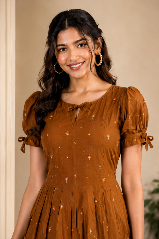 Rust Brown Embroidered Fit & Flare Midi Dress