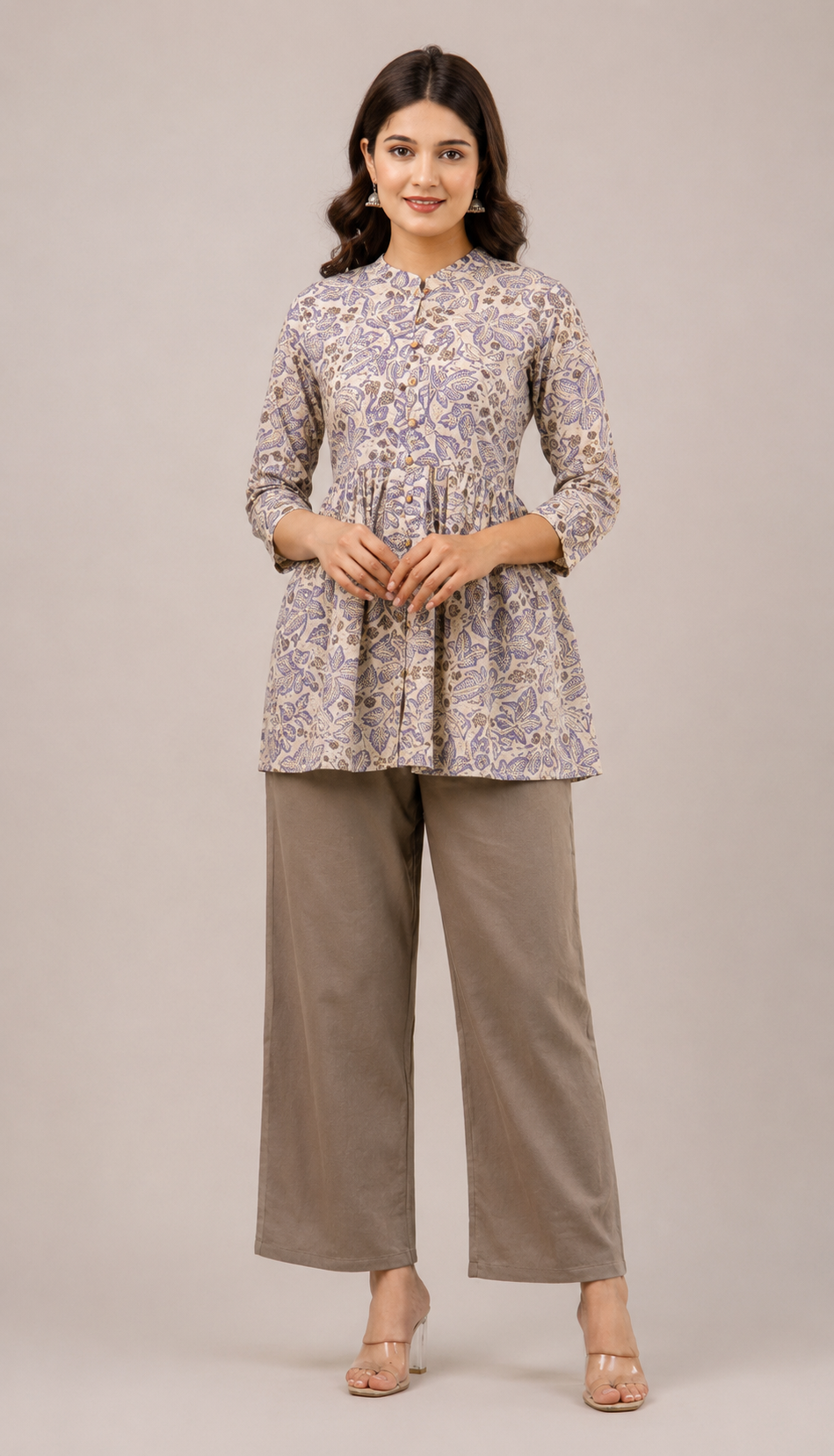 Women’s Lavender Floral Printed Peplum Kurti with Taupe Palazzo