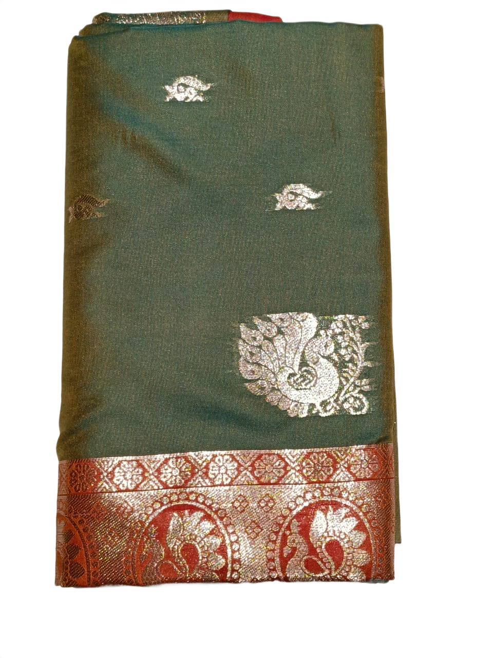 Teal Green Banarasi Saree with Rich Red Zari Pallu