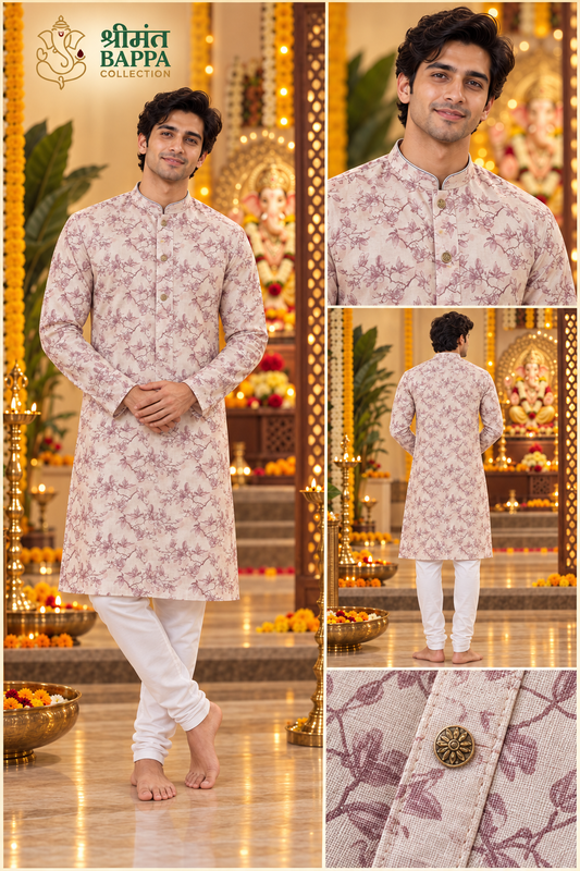 Men's Off-White and Purple Floral Print Long Sleeve Kurta