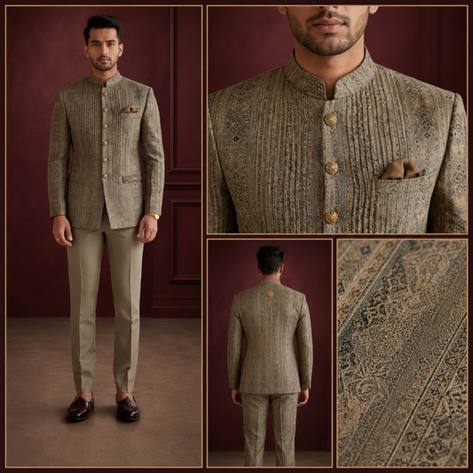 Men’s Grey Embroidered Jodhpuri Suit Set