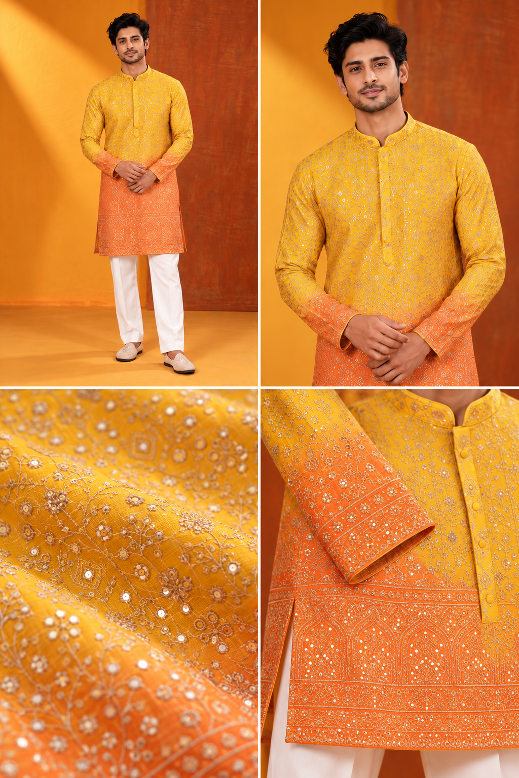 Mustard Yellow & Orange Embroidered Festive Kurta Set