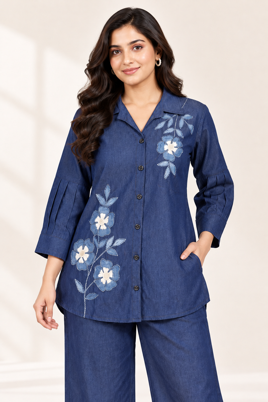 Women's Navy Blue Floral Embroidered Denim Co-Ord Set