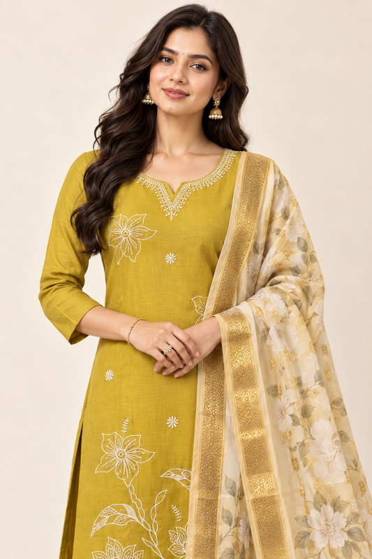 Mustard Yellow Embroidered Kurta Pant Set with Floral Dupatta
