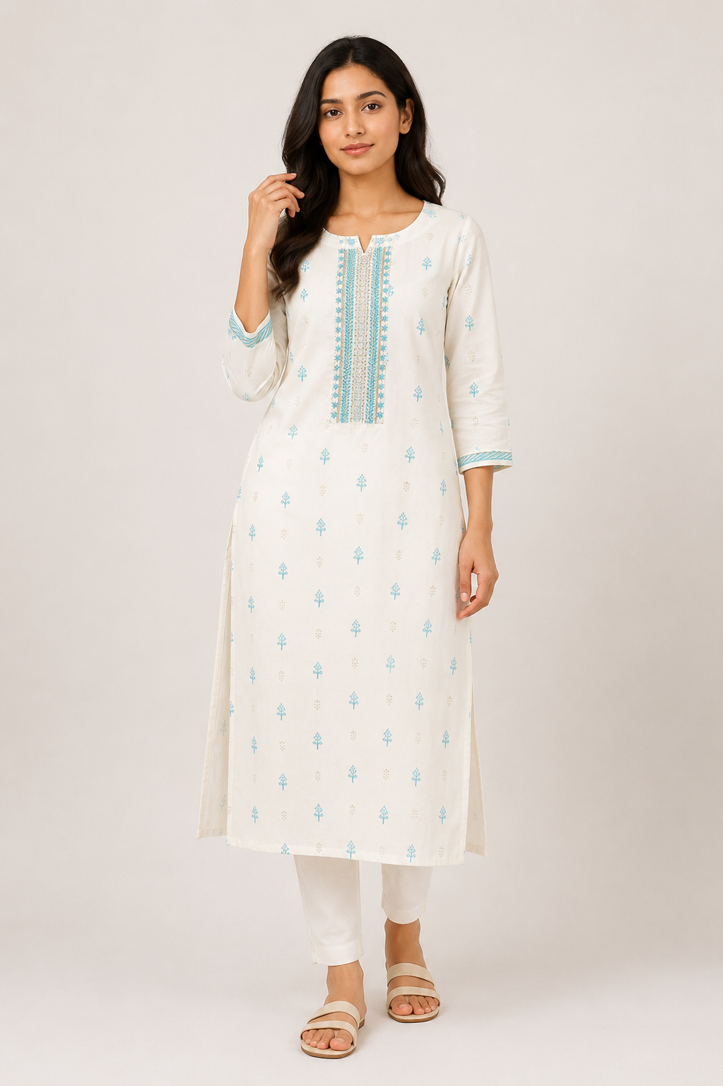 Elegant White Cotton Kurti with Sky Blue Embroidery