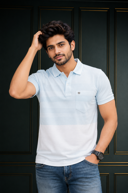Sky Mist Colorblock Polo T-Shirt for Men | Premium Casual Cotton Polo