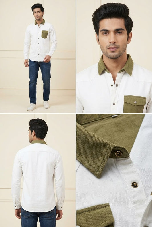 Men’s Premium Off-White Casual Shirt with Olive Collar & Pocket Detail