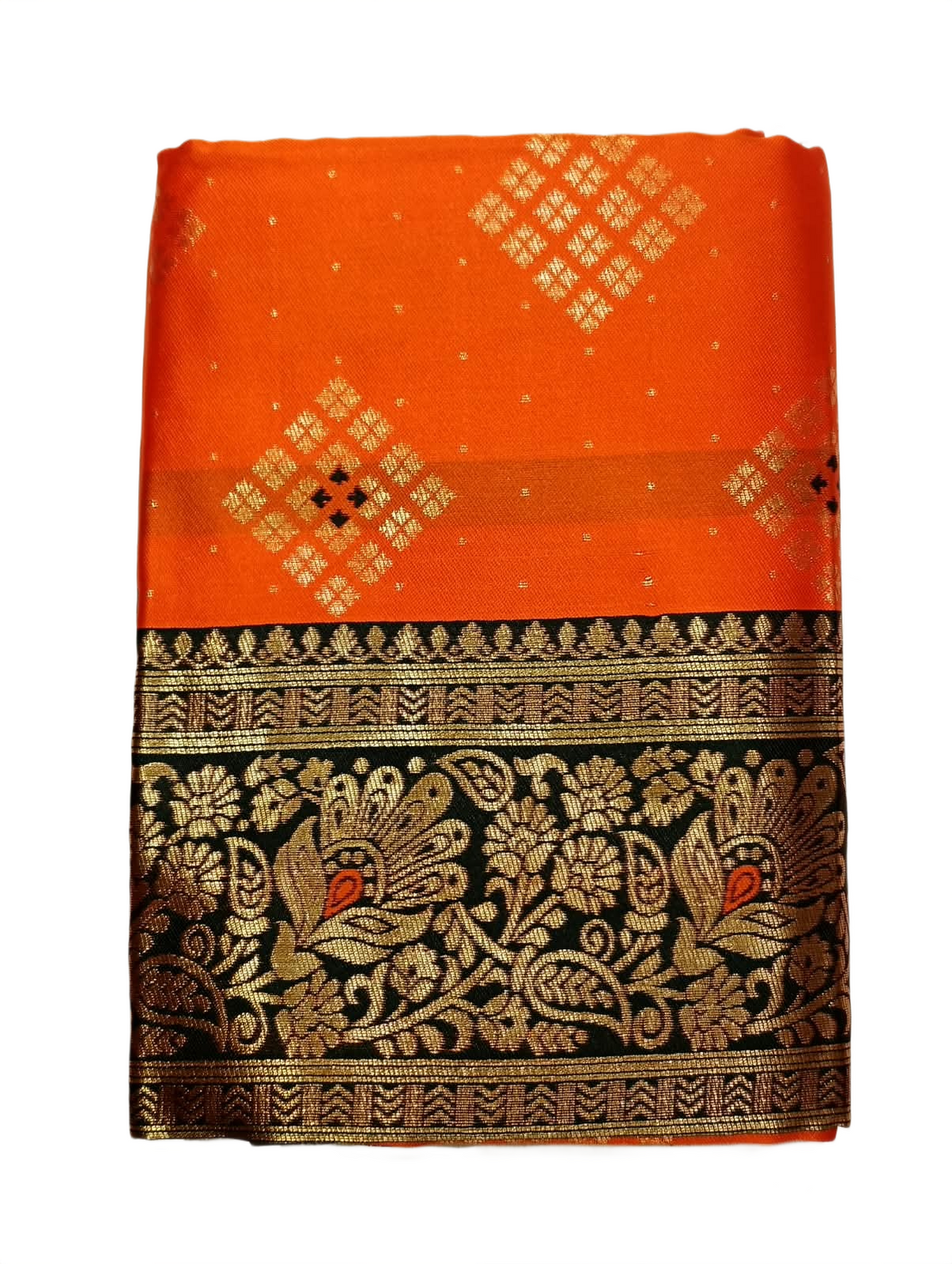 Festive Orange Silk Saree with Black & Gold Woven Border