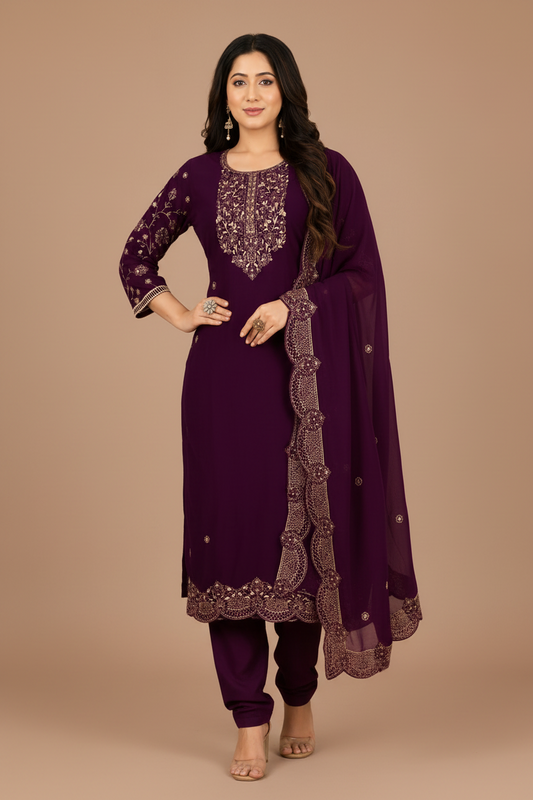 Plum Purple Embroidered Kurta Pant & Dupatta Set for Women
