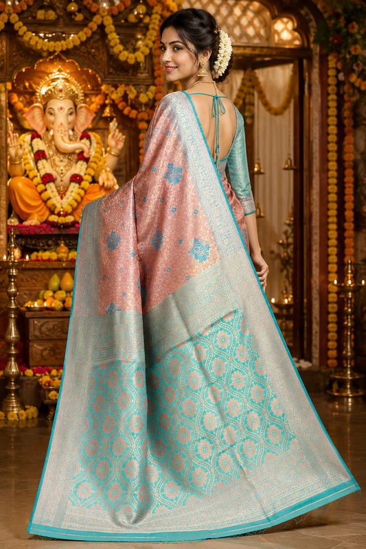 Peach Pink & Turquoise Saree with Rich Zari Pallu