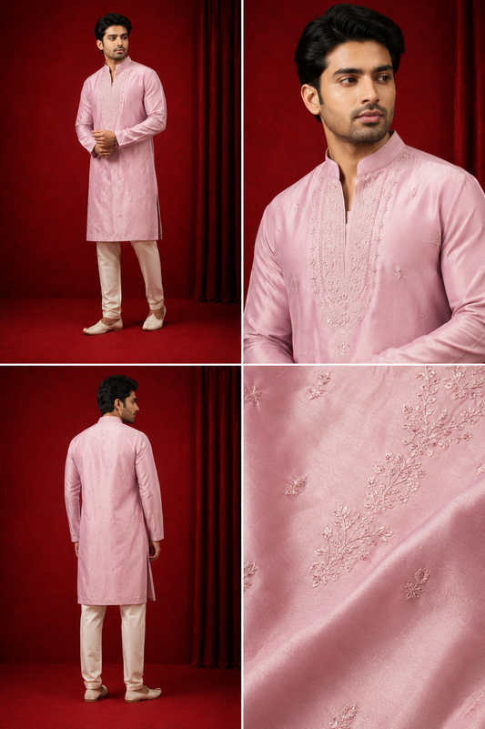 Classic Blush Pink Embroidered Men’s Kurta Set
