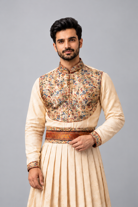 Cream Embroidered Angrakha Sherwani