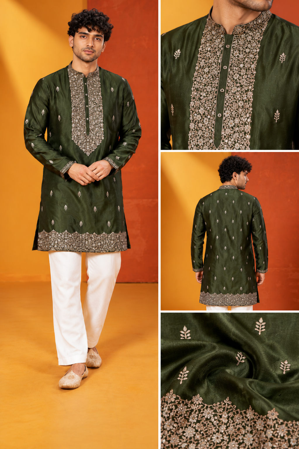 Men's Olive Green Embroidered Festive Kurta with White Pajama