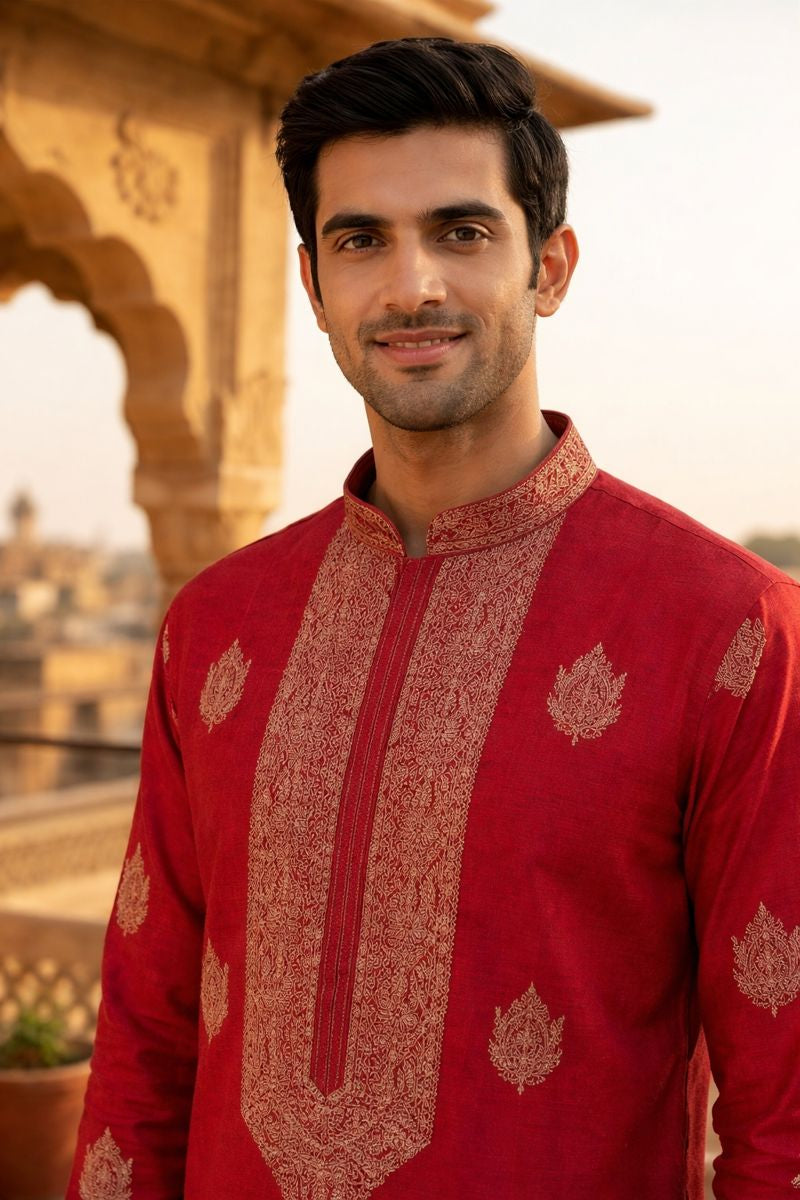 Regal Red Embroidered Kurta Set