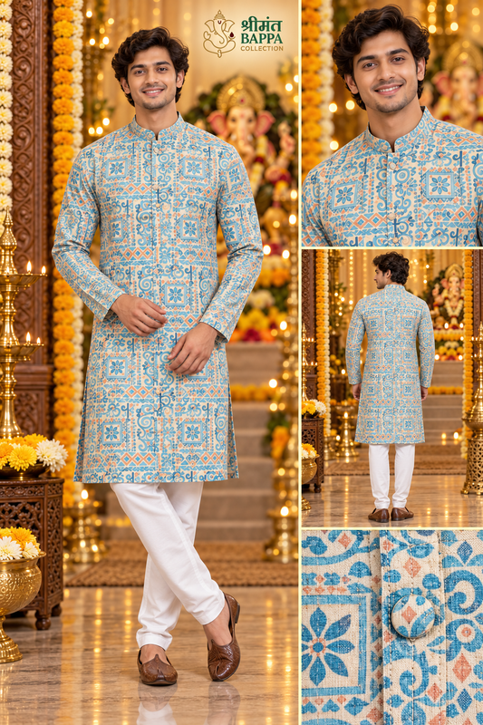 Men's Blue and Beige Geometric Print Long Sleeve Kurta