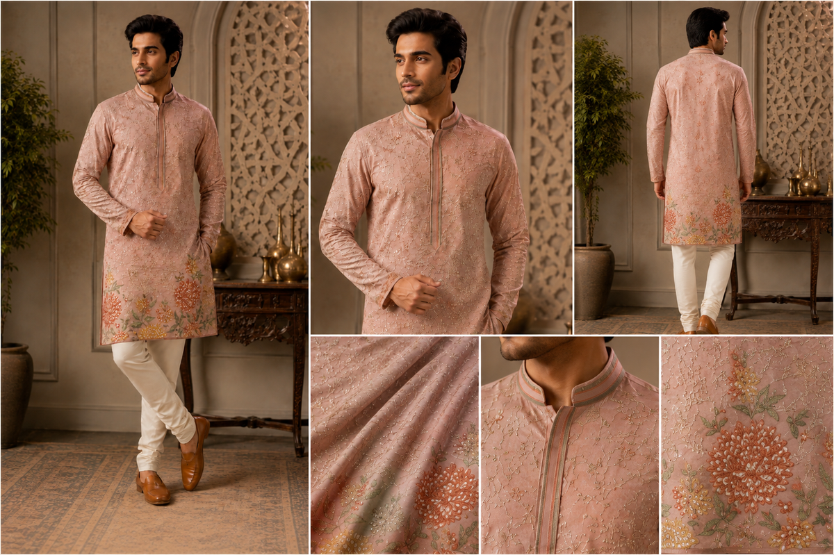 Blush Pink Floral Embroidered Men’s Kurta