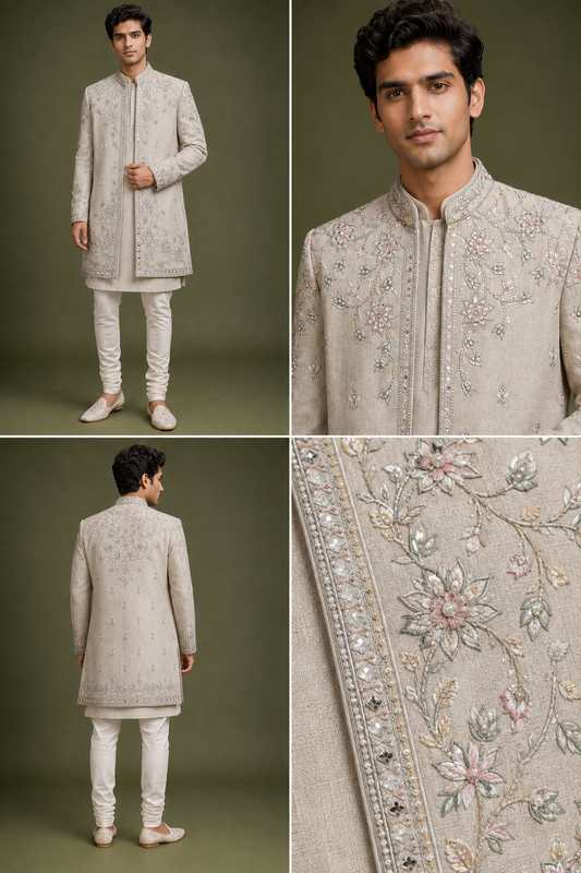 Beige Floral Embroidered Sherwani Set
