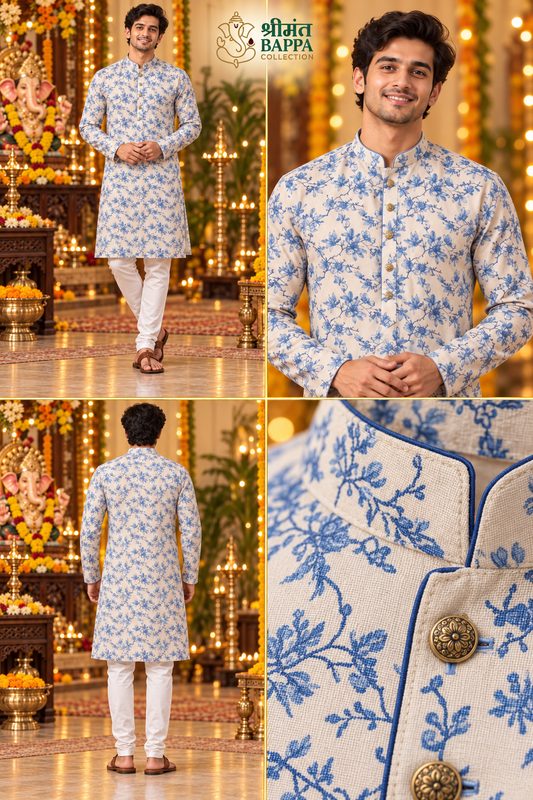 Men's Off-White and Blue Floral Print Long Sleeve Kurta