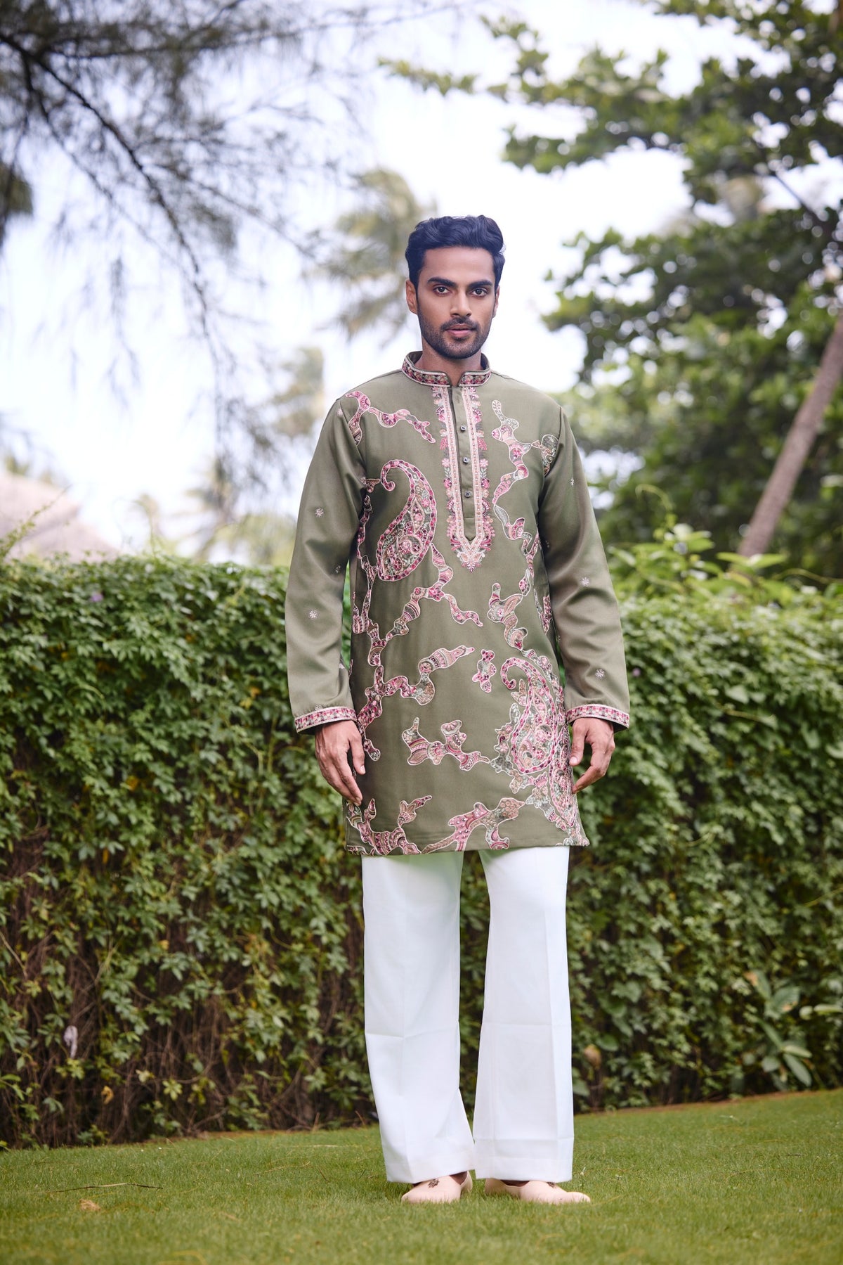 Olive Green Embroidered Festive Kurta