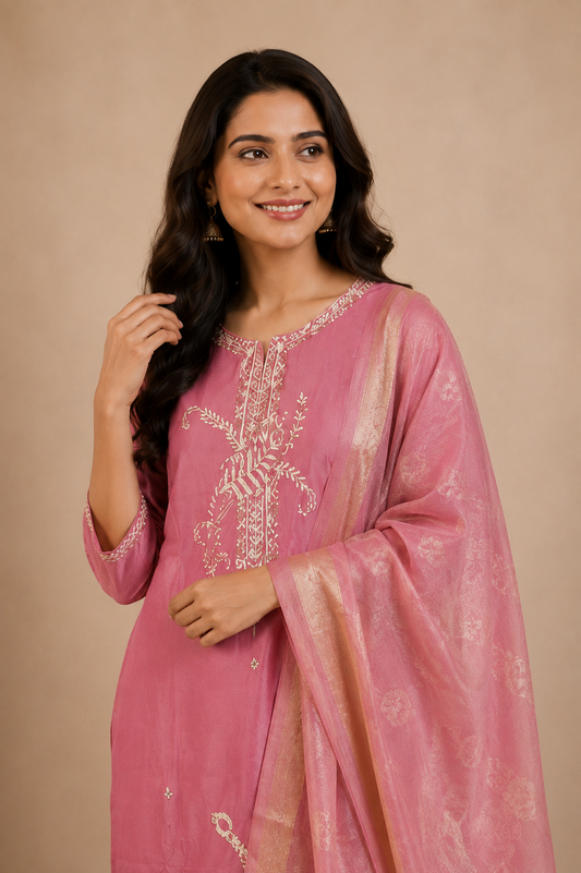 Rose Pink Kurti Pant & Dupatta Set
