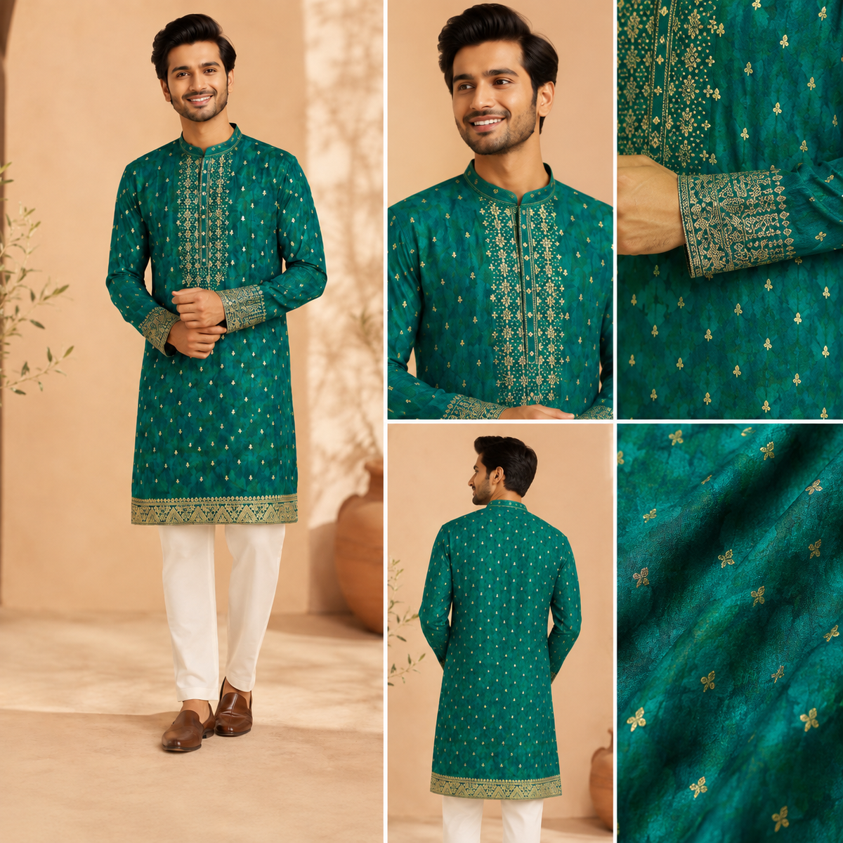 Emerald Green Embroidered Festive Kurta for Men