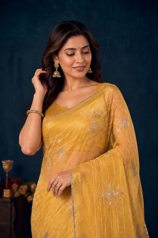 Golden Mustard Embroidered Designer Saree with Elegant Silver Thread Work
