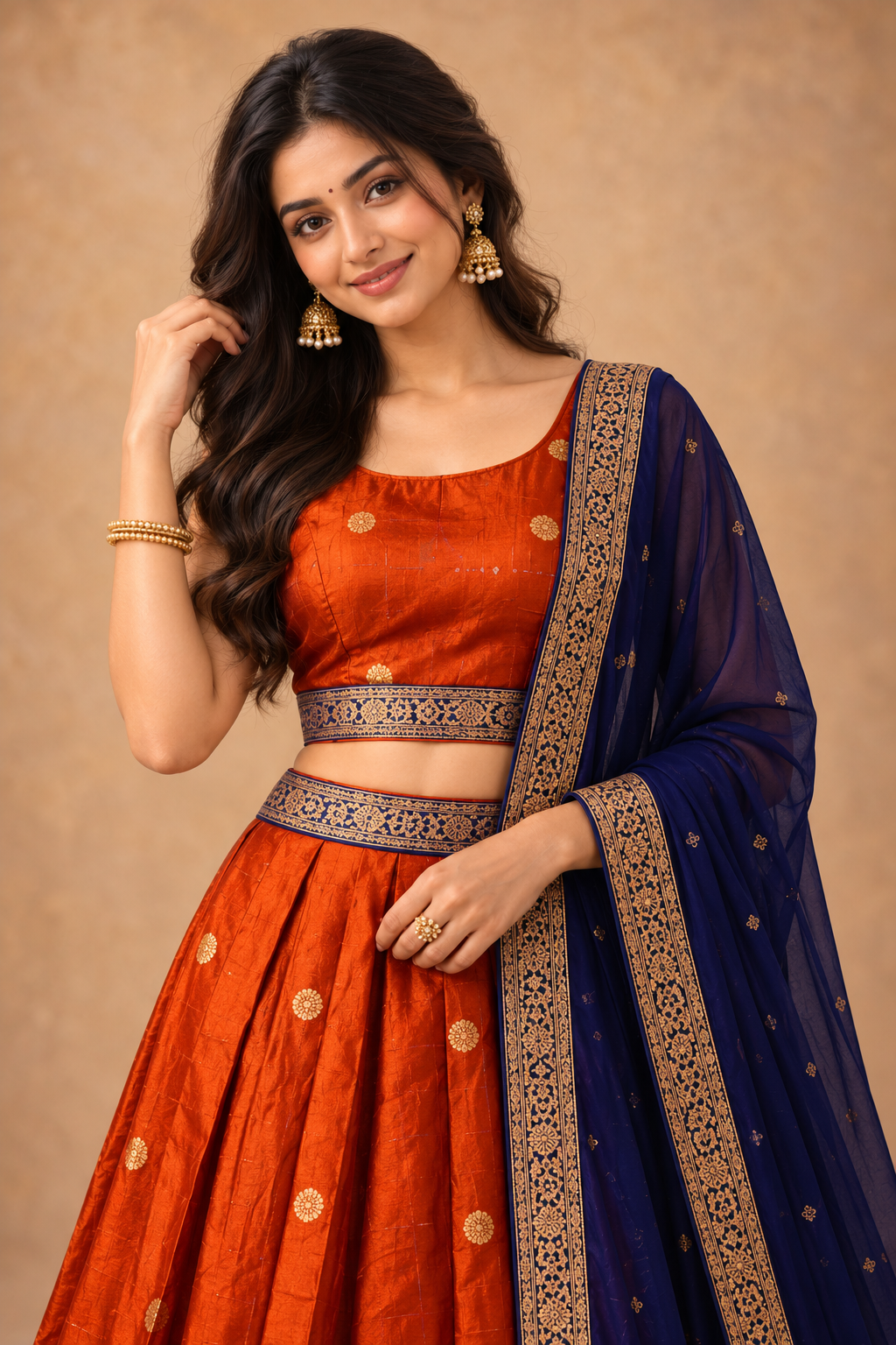 : Elegant Rust Orange & Navy Blue Traditional Lehenga Choli Set