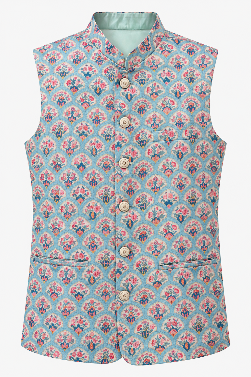 Sky Blue Floral Motif Nehru Jacket for Men