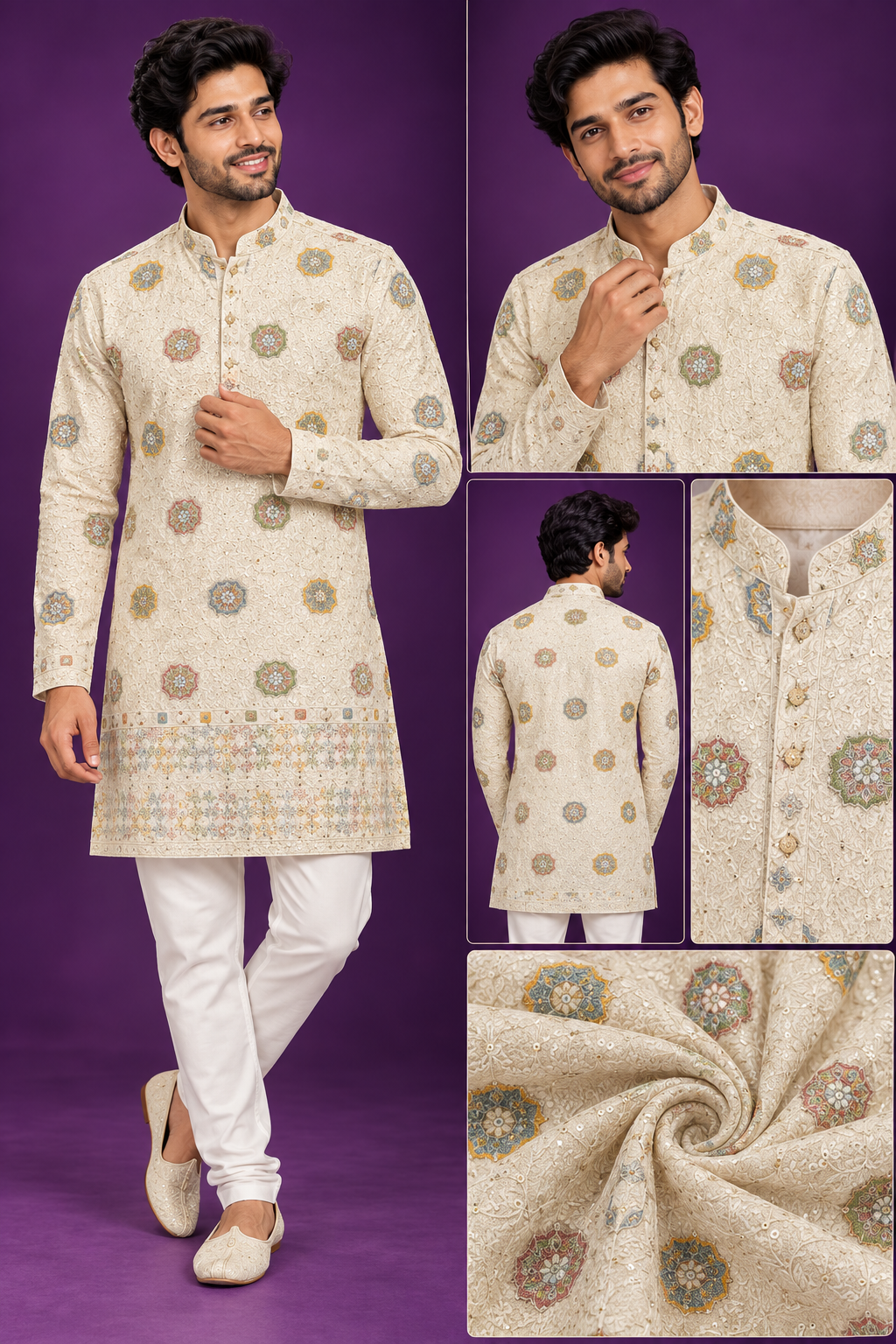 Ivory Embroidered Festive Kurta for Men