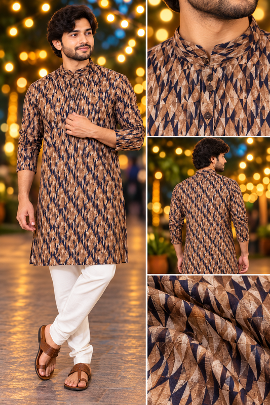 Men’s Brown Geometric Print Only Kurta
