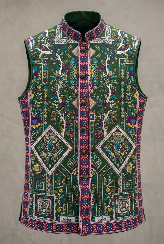 Bottle Green Multicolour Embroidered Nehru Jacket